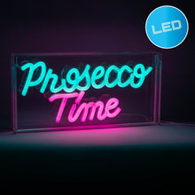 Afbeelding in Gallery-weergave laden, LED Letterlicht "Prosecco Time" – 30 x 15 cm – Blauw en Magentarood – Voor Binnengebruik